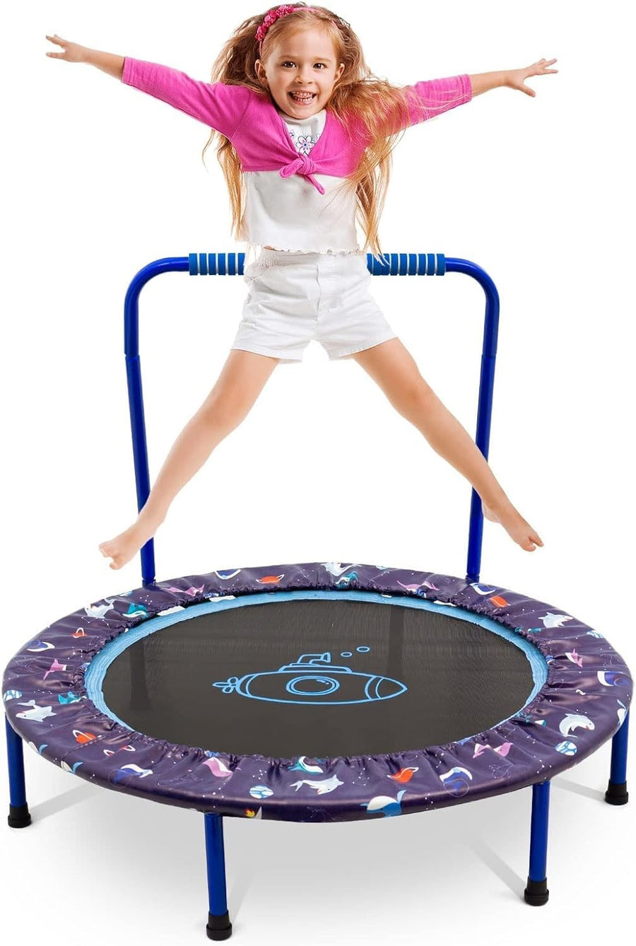 38in Kids Quiet Foldable Trampoline Adjustable Handle Indoor Outdoor