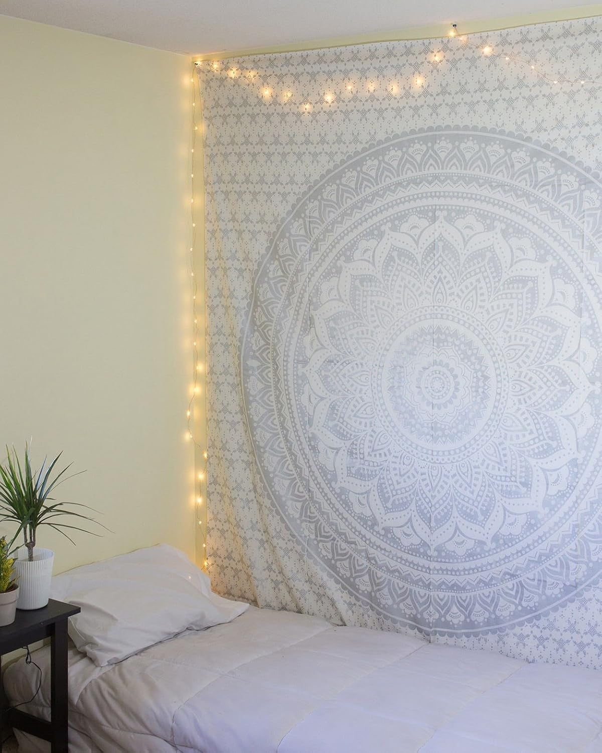 Glittering Silver Grey Mandala Tapestry Boho Wall Hanging Cotton 85x90in