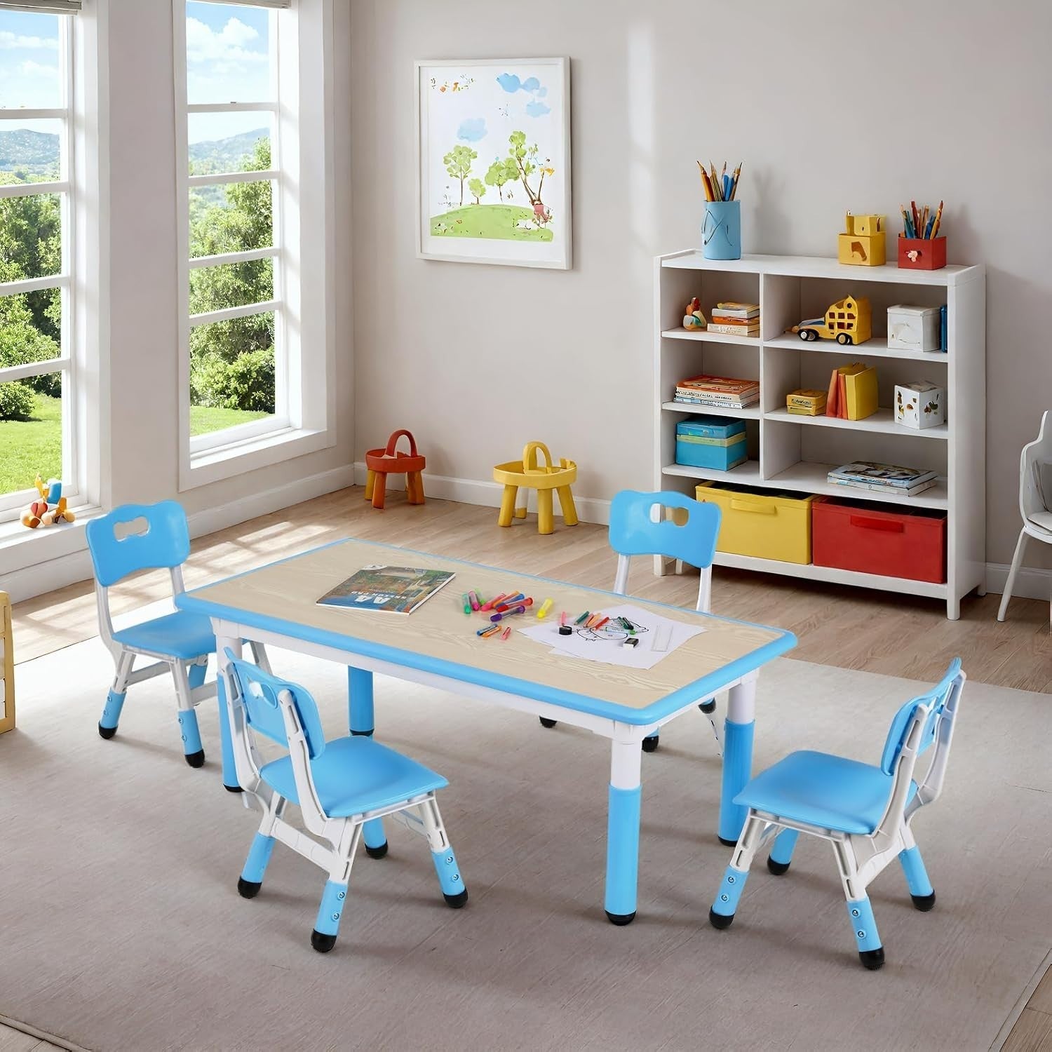 Kids Table and 4 Chairs Set Adjustable Height Study Play Dining Furniture Blue
