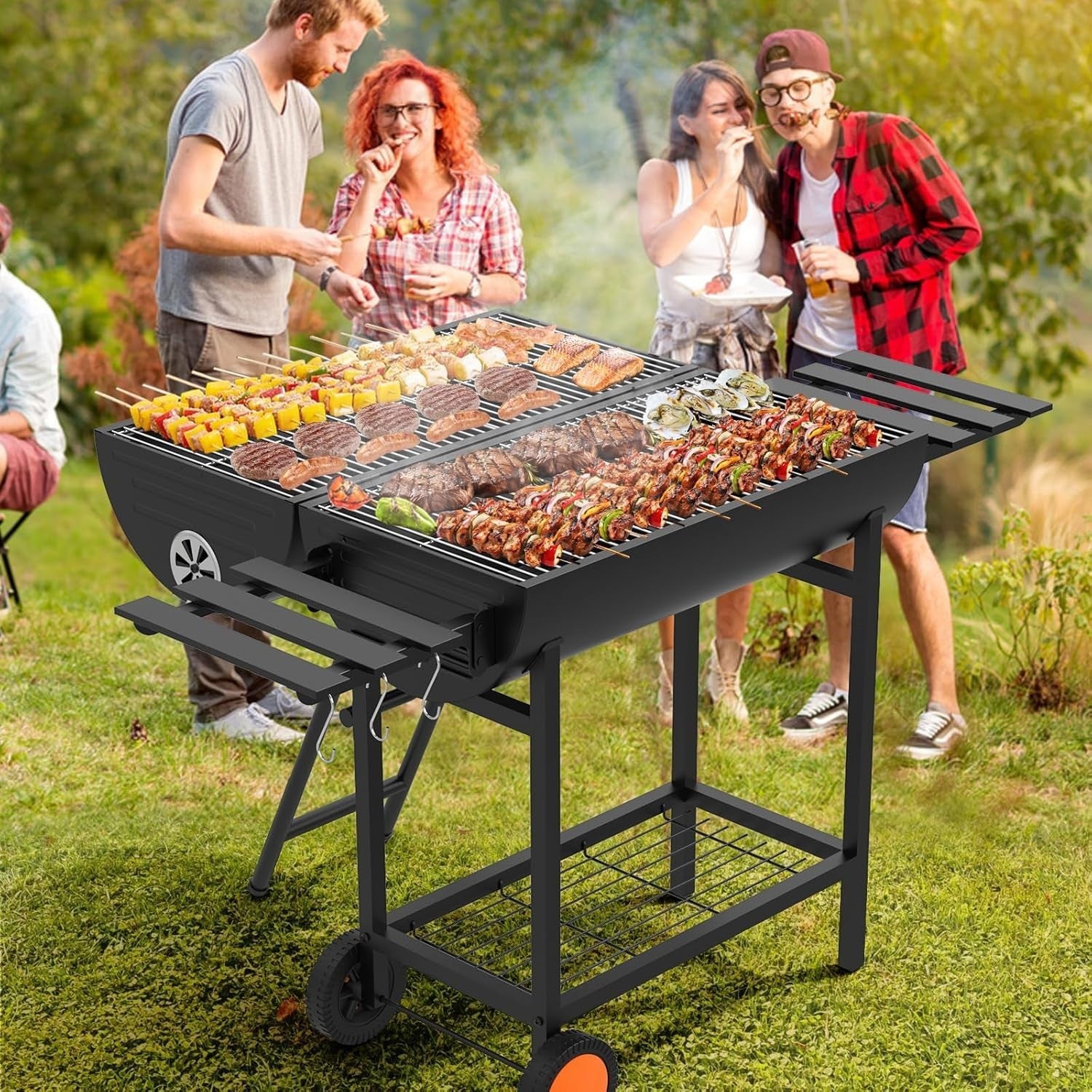 Extra Large Charcoal BBQ Grill Trolley 918 sq in Cooking Space w/ Side Tables