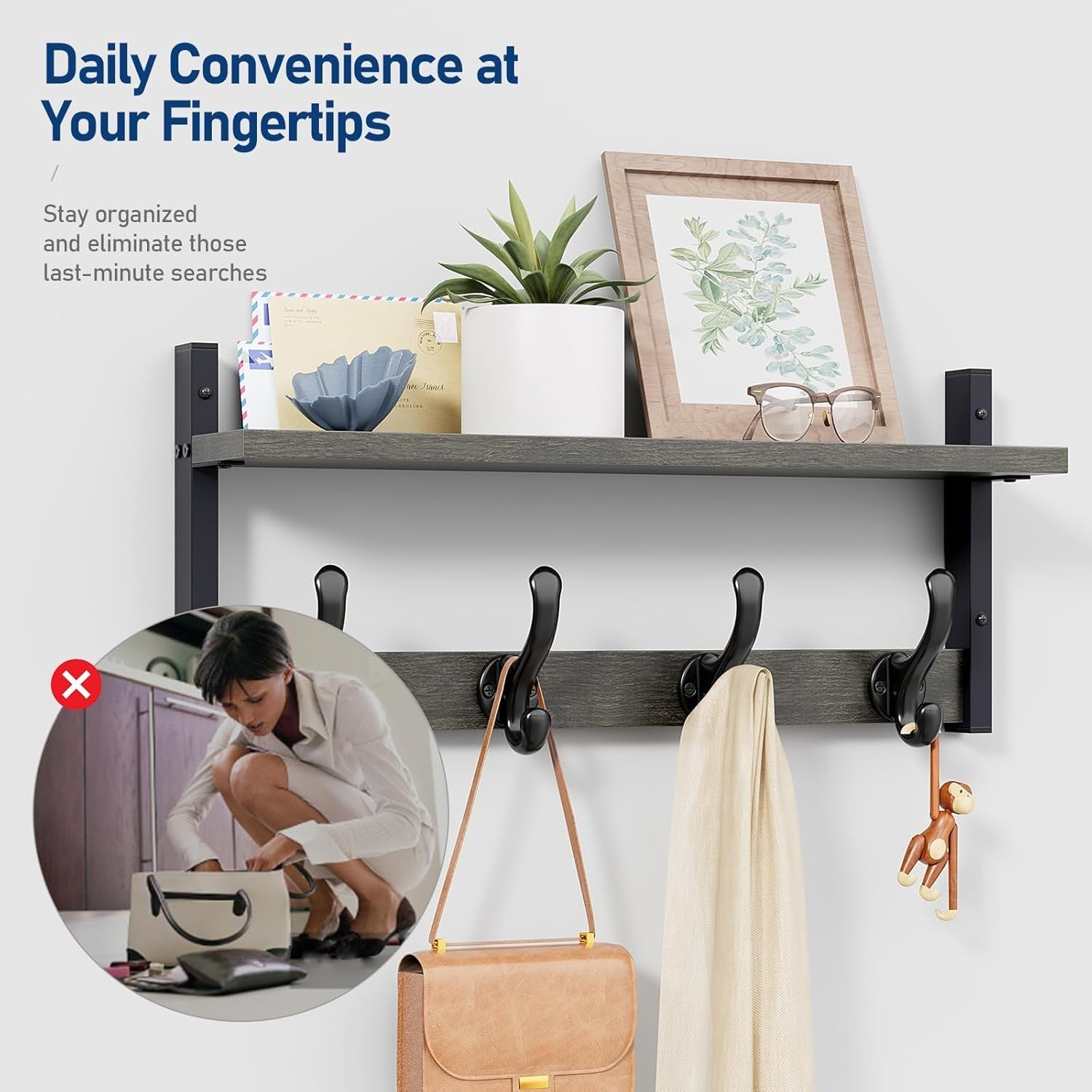 Wall Mounted Coat Rack with Shelf 20” | Rustic Ebony Hooks for Entryway