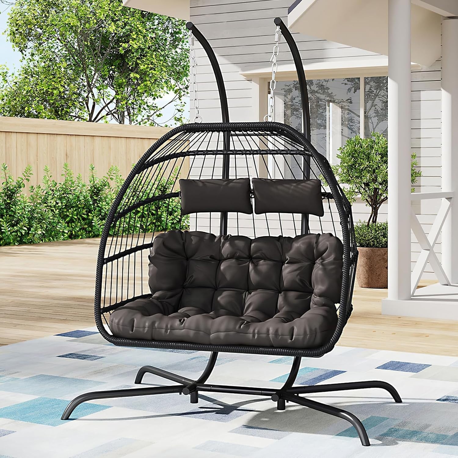 Double Hanging Egg Chair with Stand Cushioned PE Wicker Swing Seat