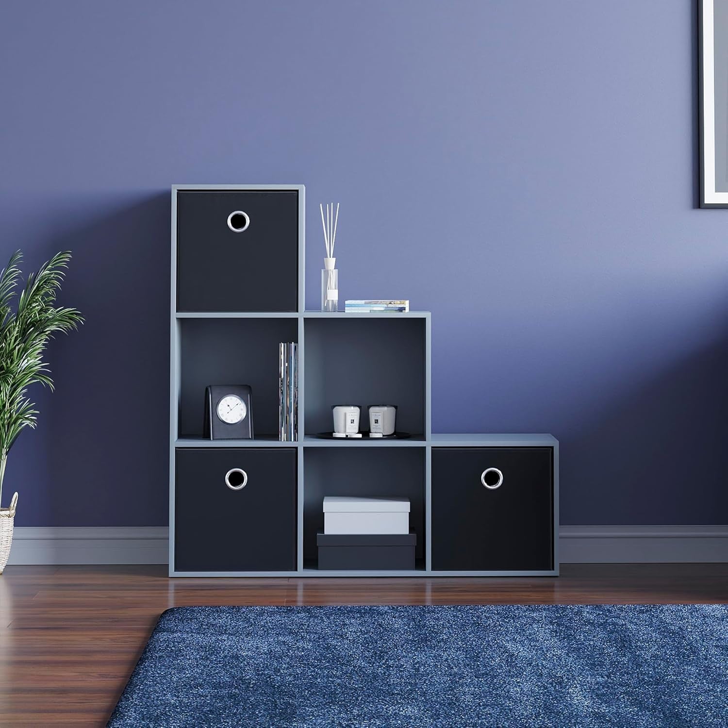 6 Cube Grey Staircase Storage Shelf with 3 Black Baskets – Modern Organiser