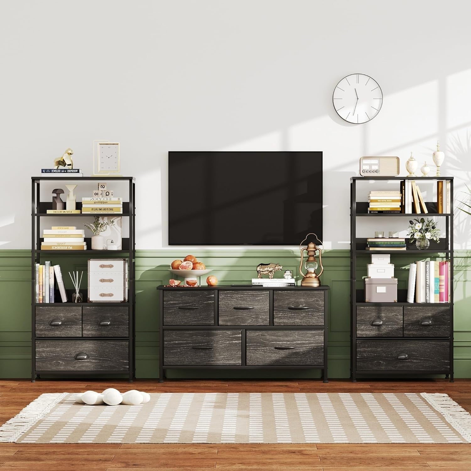 4 Tier Rustic Bookshelf with 3 Drawers Industrial Storage Cabinet Shelves Black