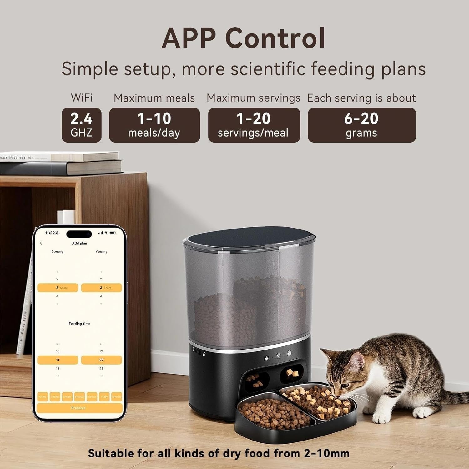 8L Automatic Cat Feeder 2 Bowls WiFi App Control Timer Food Dispenser
