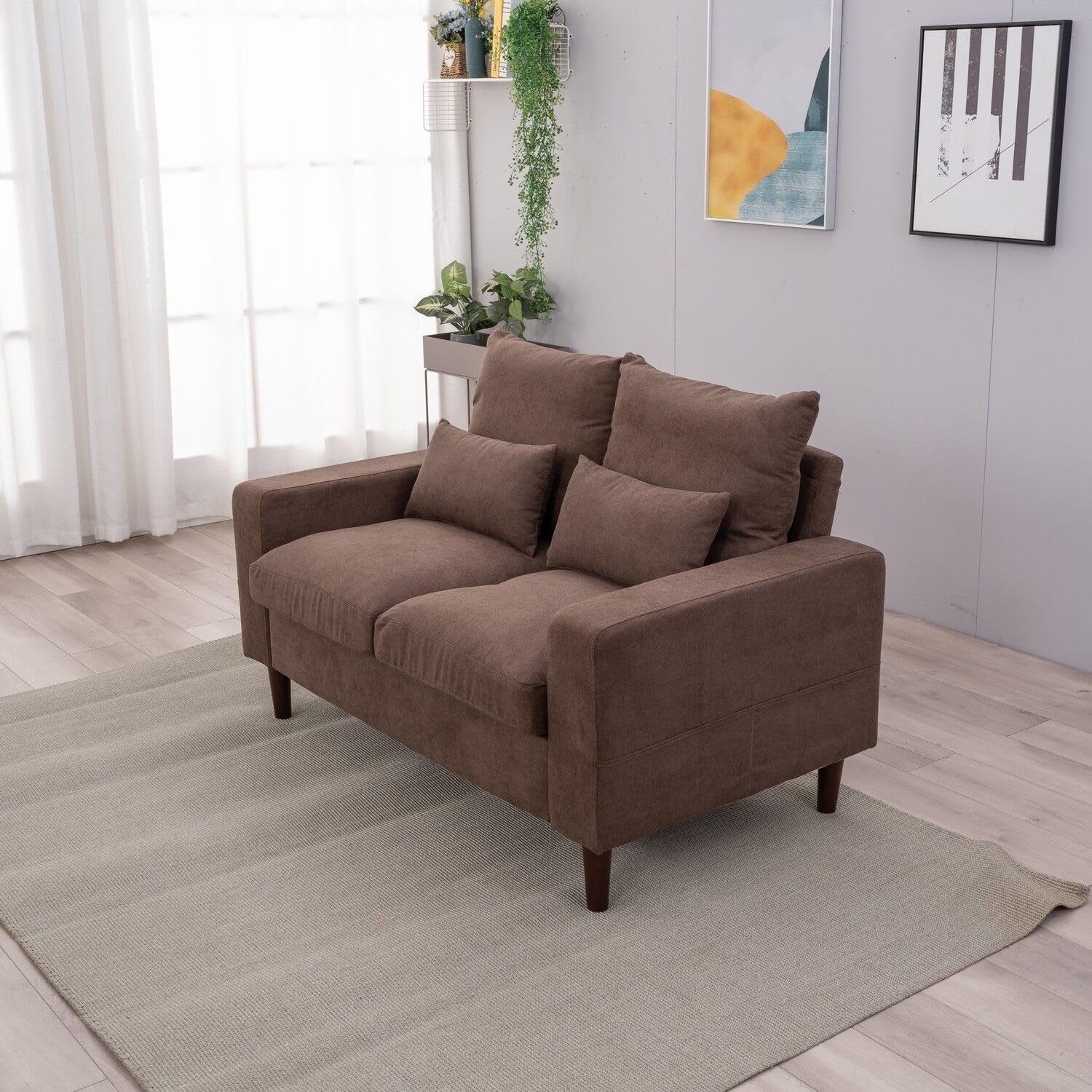 2 Seater Sofa Brown Linen Fabric Small Couch Modern Solid Wood Legs + Cushions