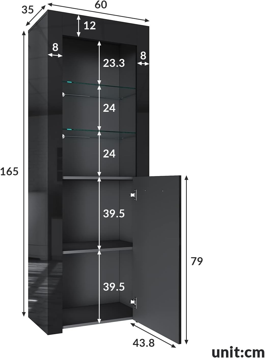 Tall Black Gloss Display Cabinet with LED Lights Modern 5-Tier Storage Unit
