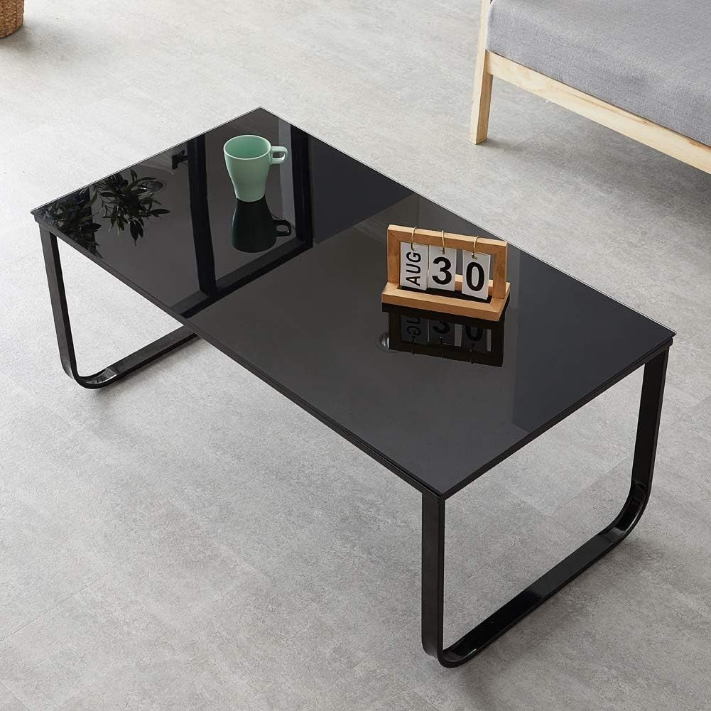 Black Tempered Glass Coffee Table with Storage & Metal Frame, 42cm Height