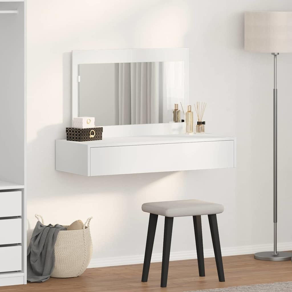 White Modern Dressing Table Makeup Vanity Desk w/ Mirror Compact MDF Wood