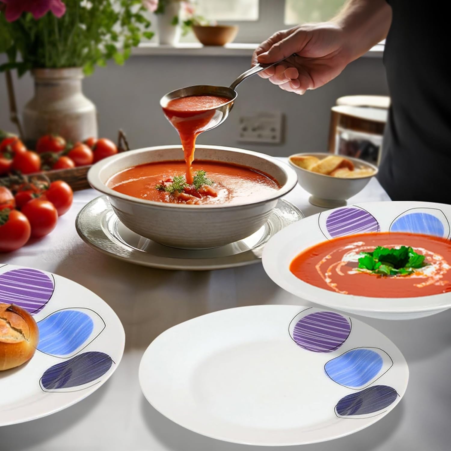 16pc Porcelain Dinner Set Plates Bowls Mugs Blue Purple Microwave Safe