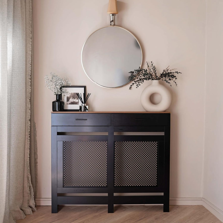 Black Radiator Cover with Drawer Diamond Slat W112xH96cm