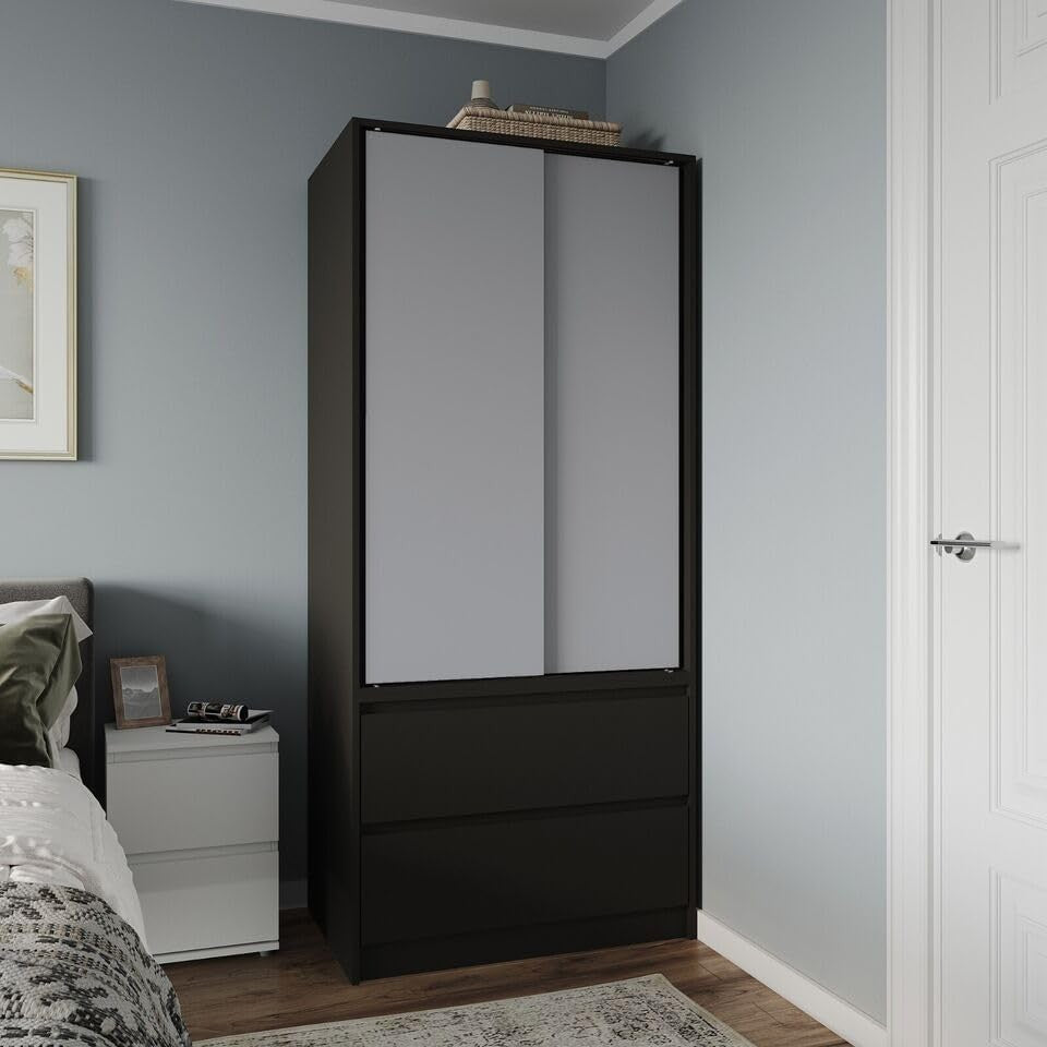 Modern Sliding Wardrobe 2 Door with Rail & Drawers – Soft Close Storage