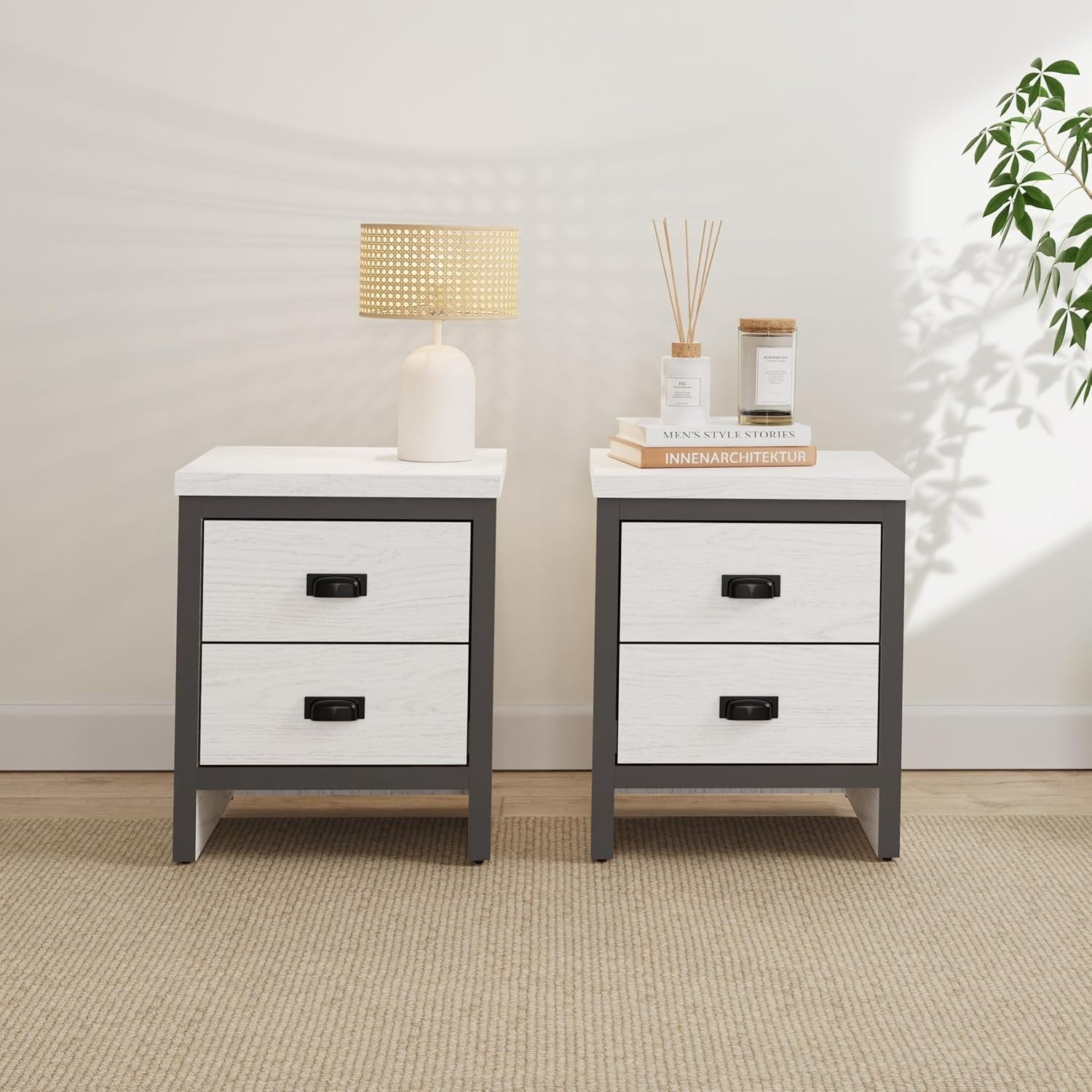 Pair of White 2 Drawer Bedside Tables | Modern Wooden Nightstands with Shelf