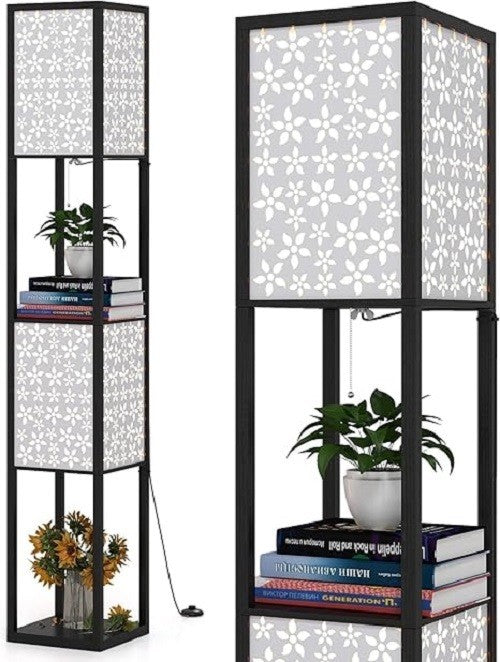 Floor Lamp with Shelves Storage Standing Light Flower Shade Reading Lamp