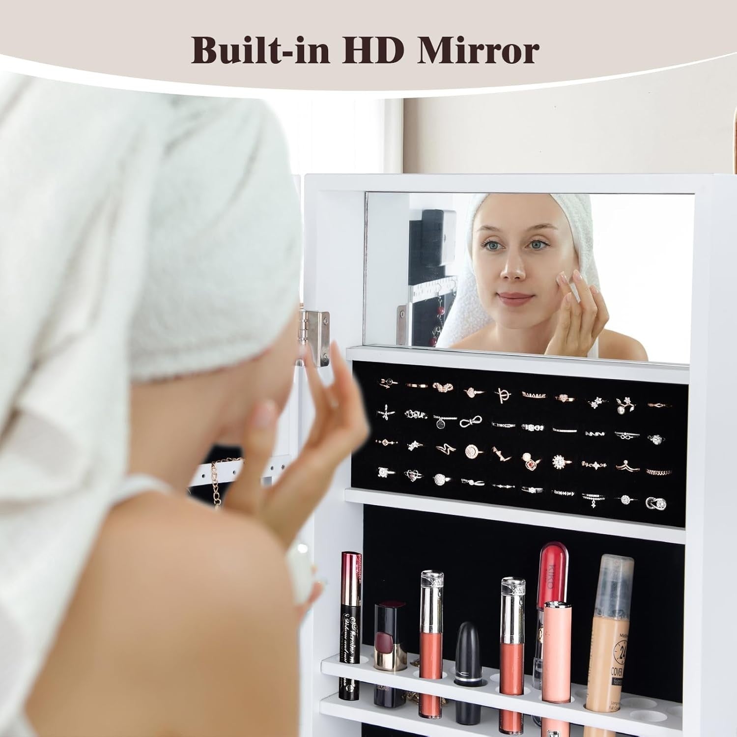 LED Full Length Mirror Jewelry Armoire Adjustable Standing Storage White