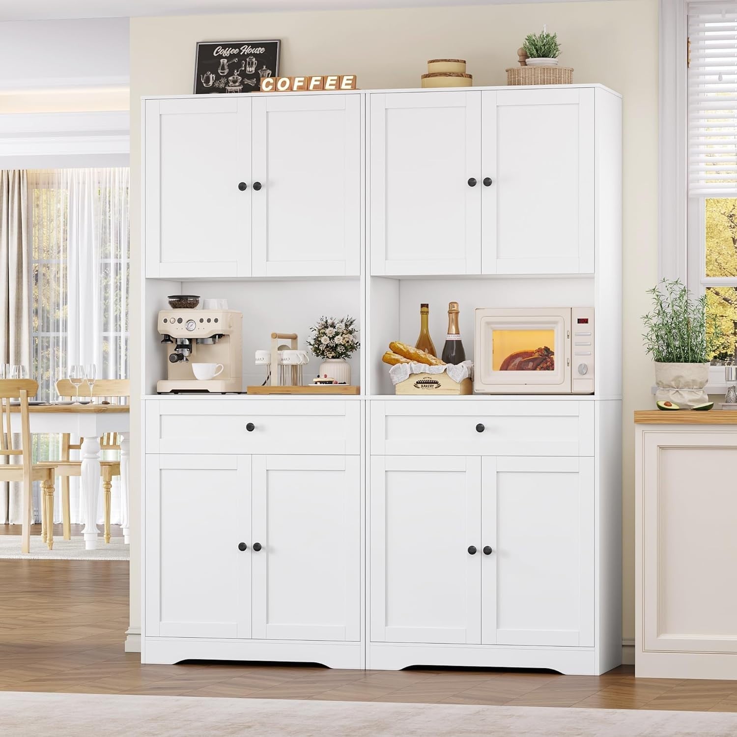 White 180cm Tall Kitchen Cupboard 4-Door Pantry 1-Drawer Countertop