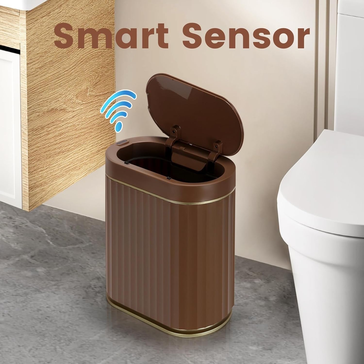 2 Gallon Touchless Bathroom Bin Motion Sensor Slim Brown