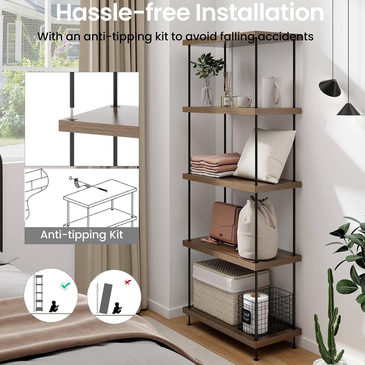 5-Tier Industrial Bookshelf Metal Frame Rustic Wood Storage Shelving Unit