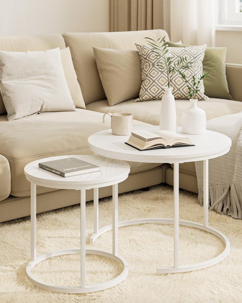 Round Nesting Coffee Tables Set of 2 – Grey Top Black Frame, Space- White.