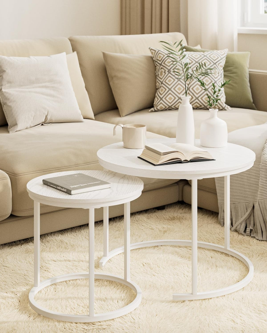 Round Nesting Coffee Tables Set of 2 – Grey Top Black Frame, Space- White.