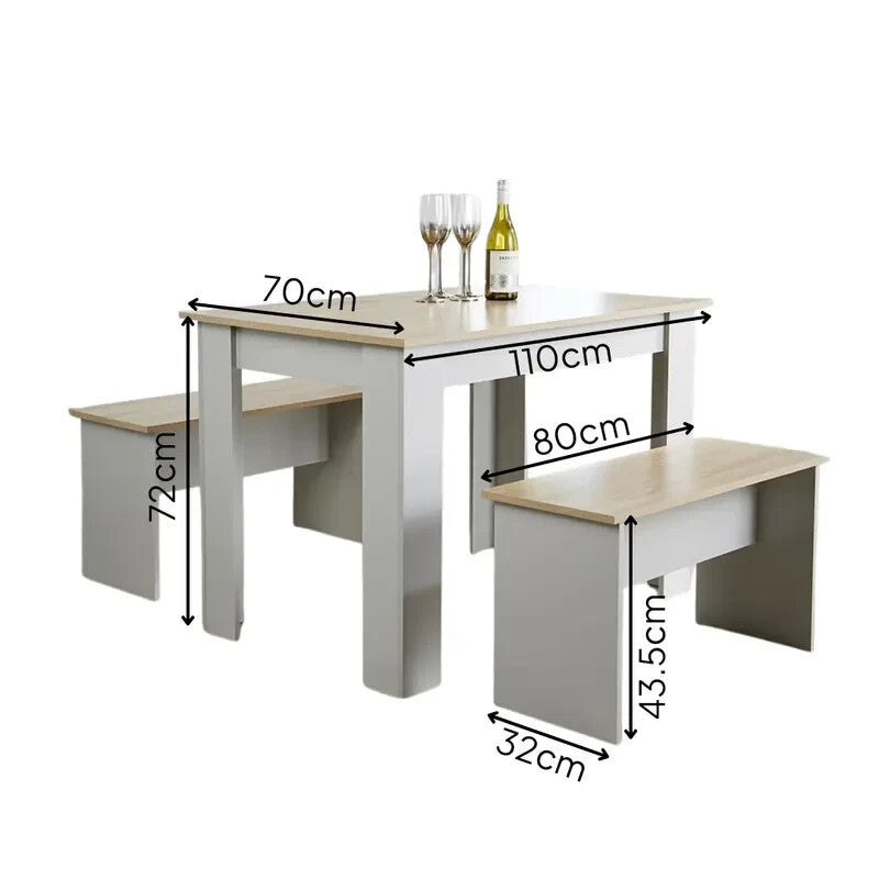 2 Bench Dining Set Grey Oak Effect Compact Table Seats 4 Kitchen Room