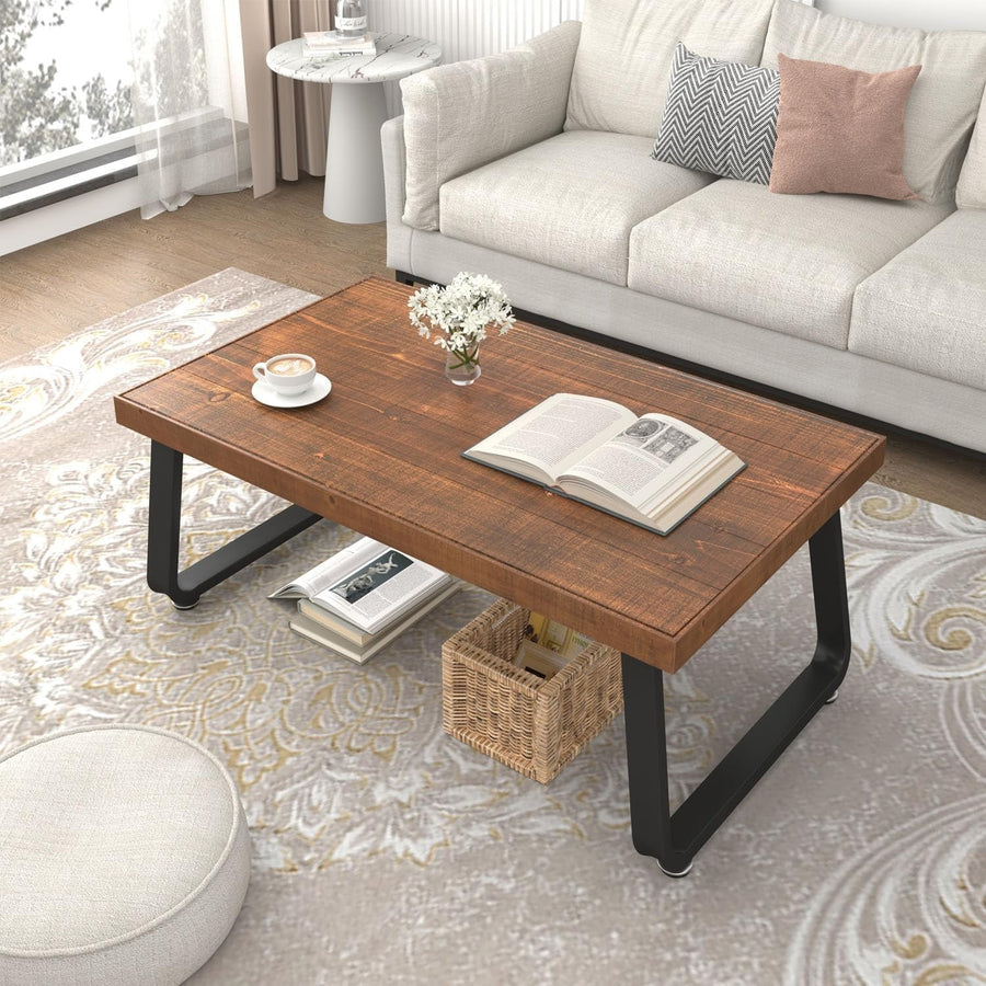 Rustic Wood Coffee Table 100CM – Industrial Metal Frame, Thick Top
