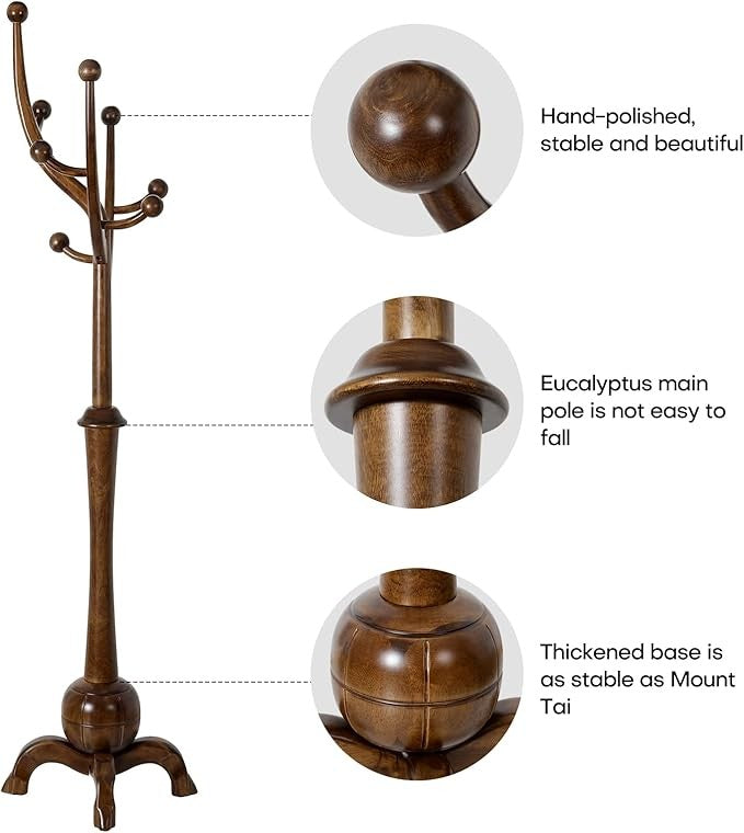 Solid Wood Coat Rack 8 Hooks Walnut Finish Tree Stand for Hallway 180cm