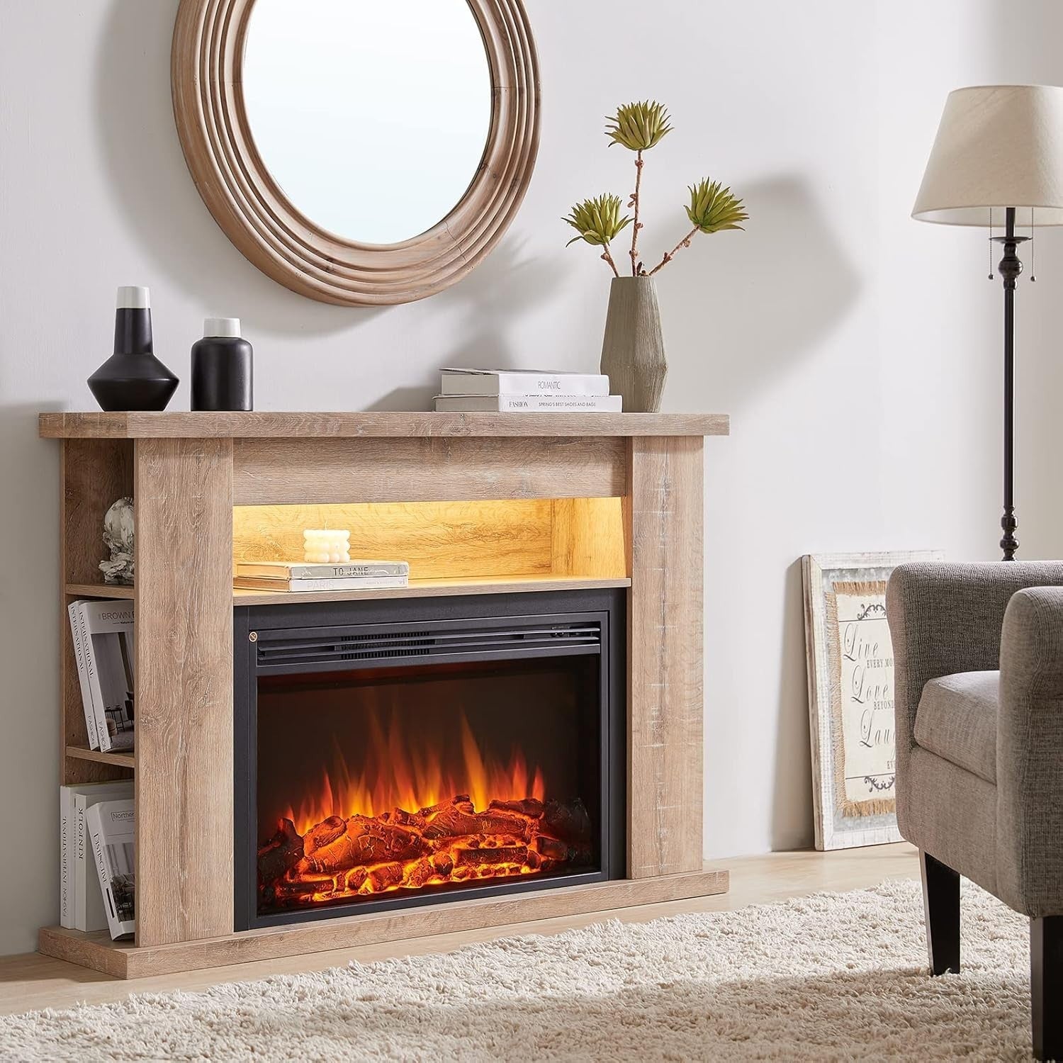 Electric Fireplace Suite 51” Heater Storage Shelves Rustic Oak Effect