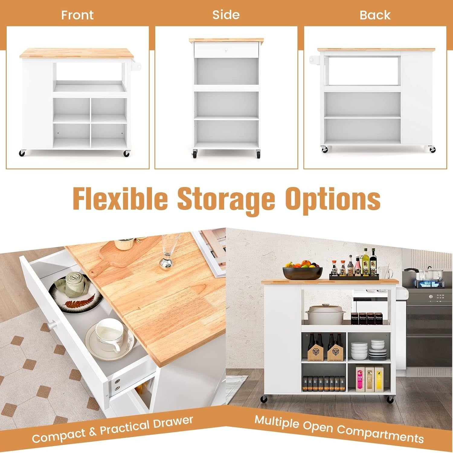 Rolling Kitchen Island Cart with Adjustable Shelves, Drawer & Rubberwood Worktop