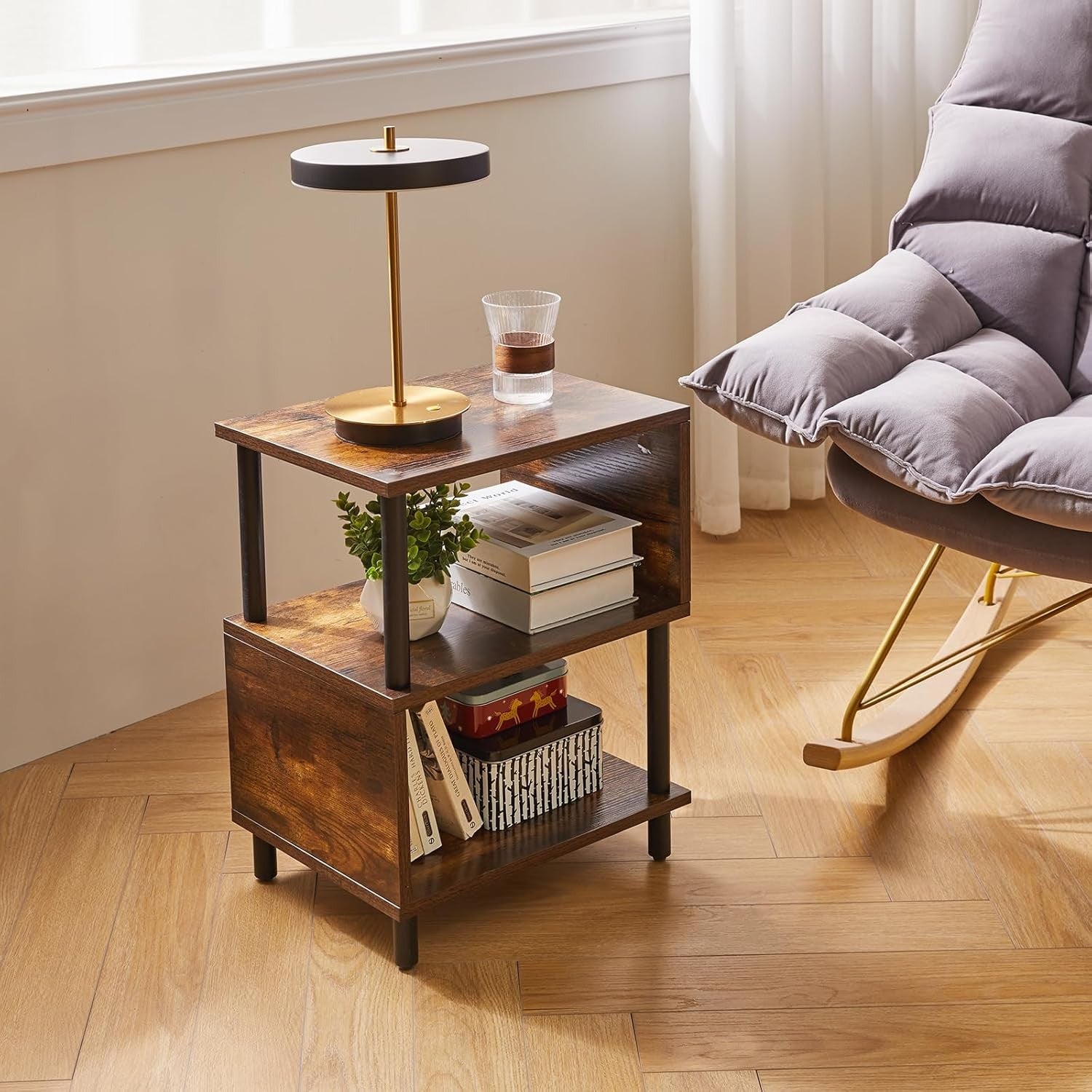 Rustic Brown 3-Tier S-Shape Side Table with Storage Shelves & Black Legs