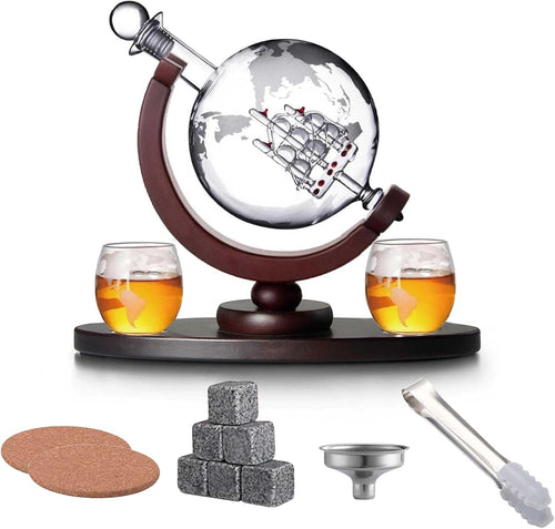 Luxury Globe Whiskey Decanter Set 800ml with Glasses & Ice Stones Gift Set