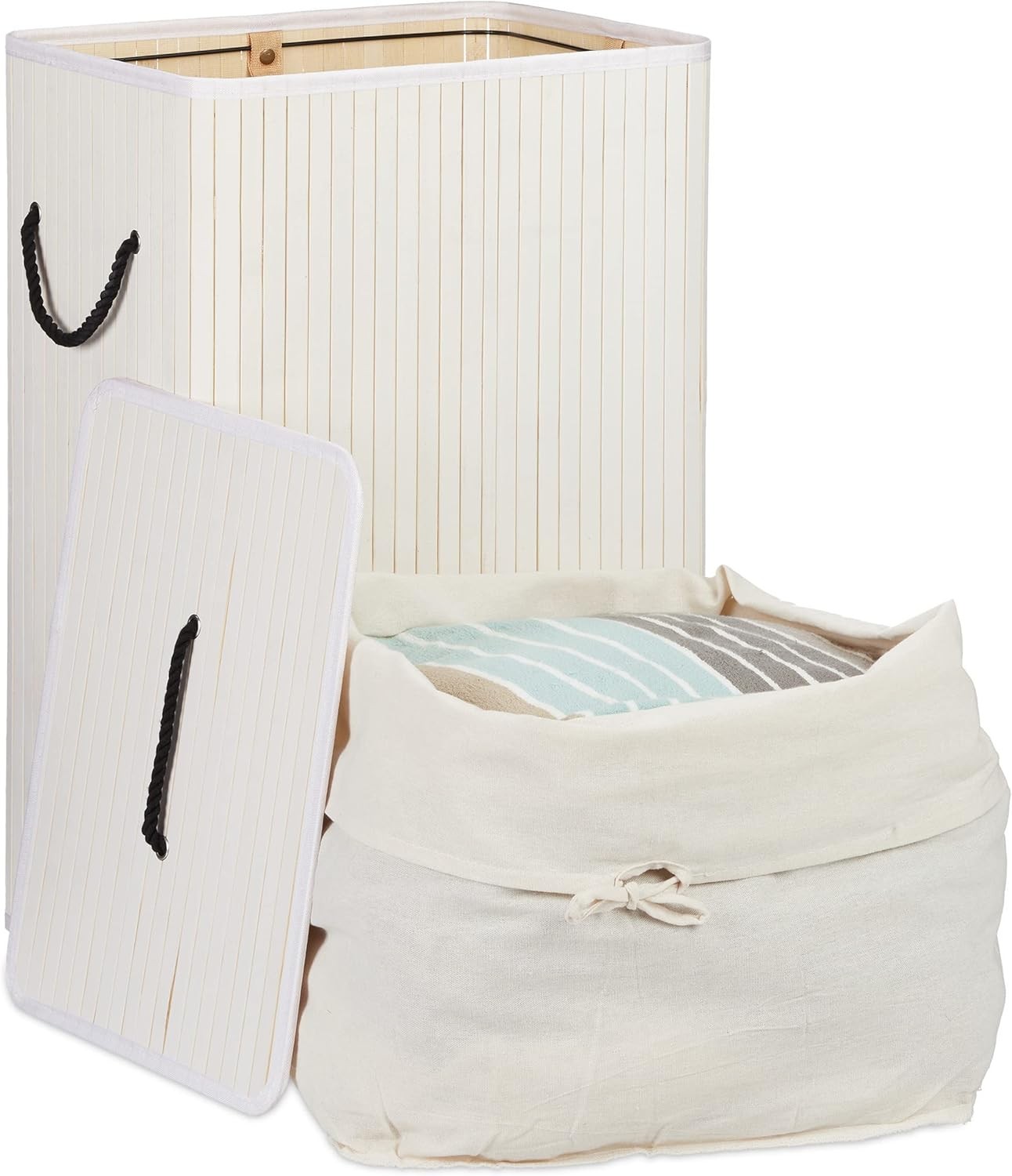 80L Bamboo Laundry Hamper with Lid, 2 Inner Bags, Folding Rectangle Basket White