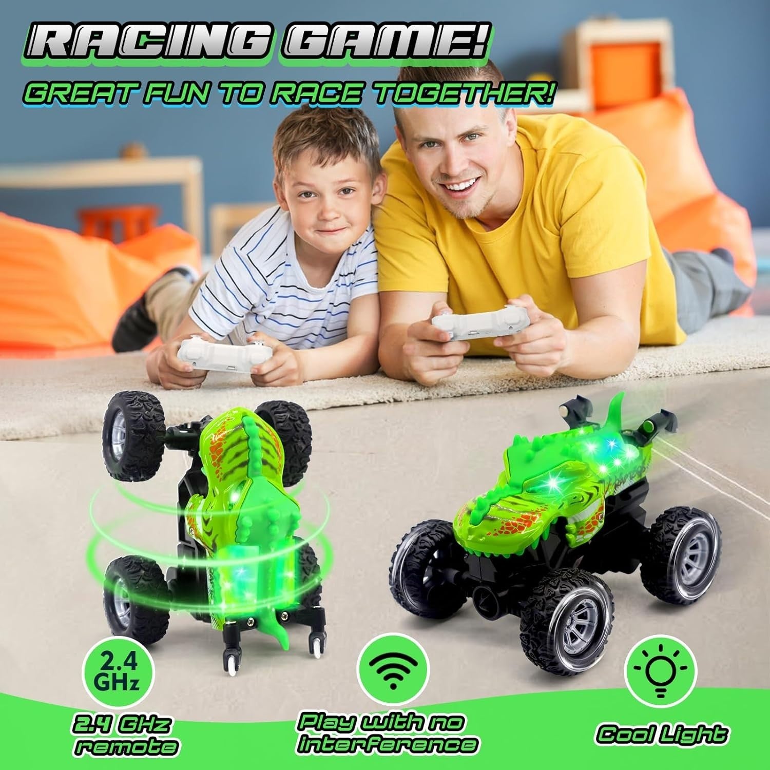 Dinosaur RC Car with LED Eyes – 2.4GHz Rechargeable Stunt Toy for Kids 6–12