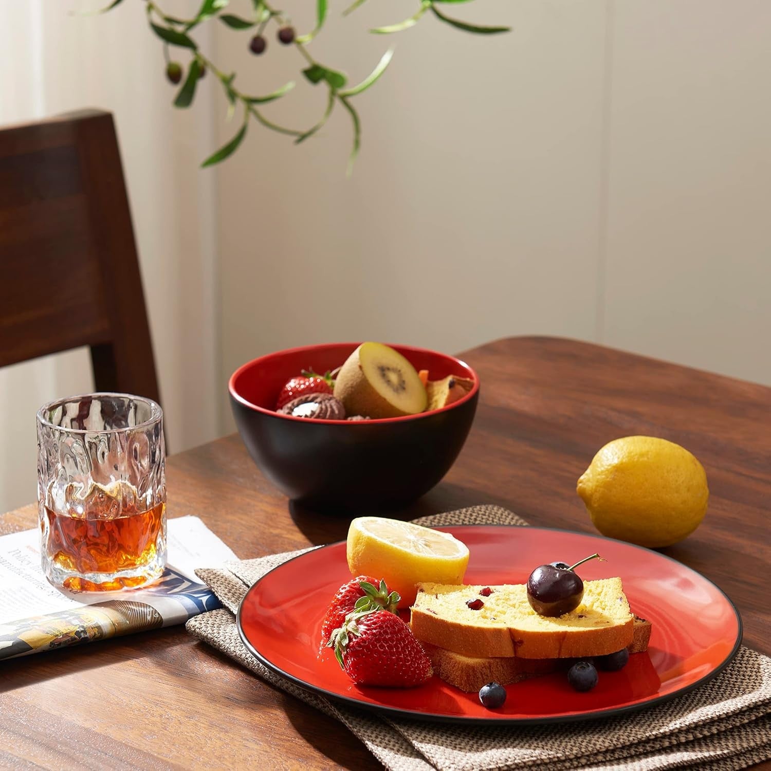 12pc Melamine Dinnerware Set Plates Bowls Black Red Non Breakable
