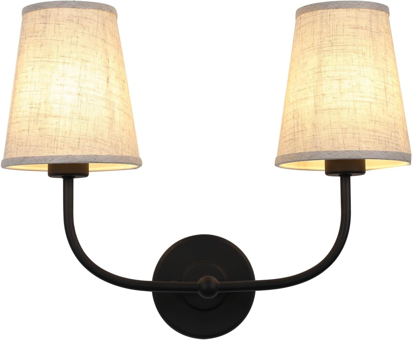Black 2-Light Wall Sconce Linen Shades Vintage Bedroom & Bathroom Lamp