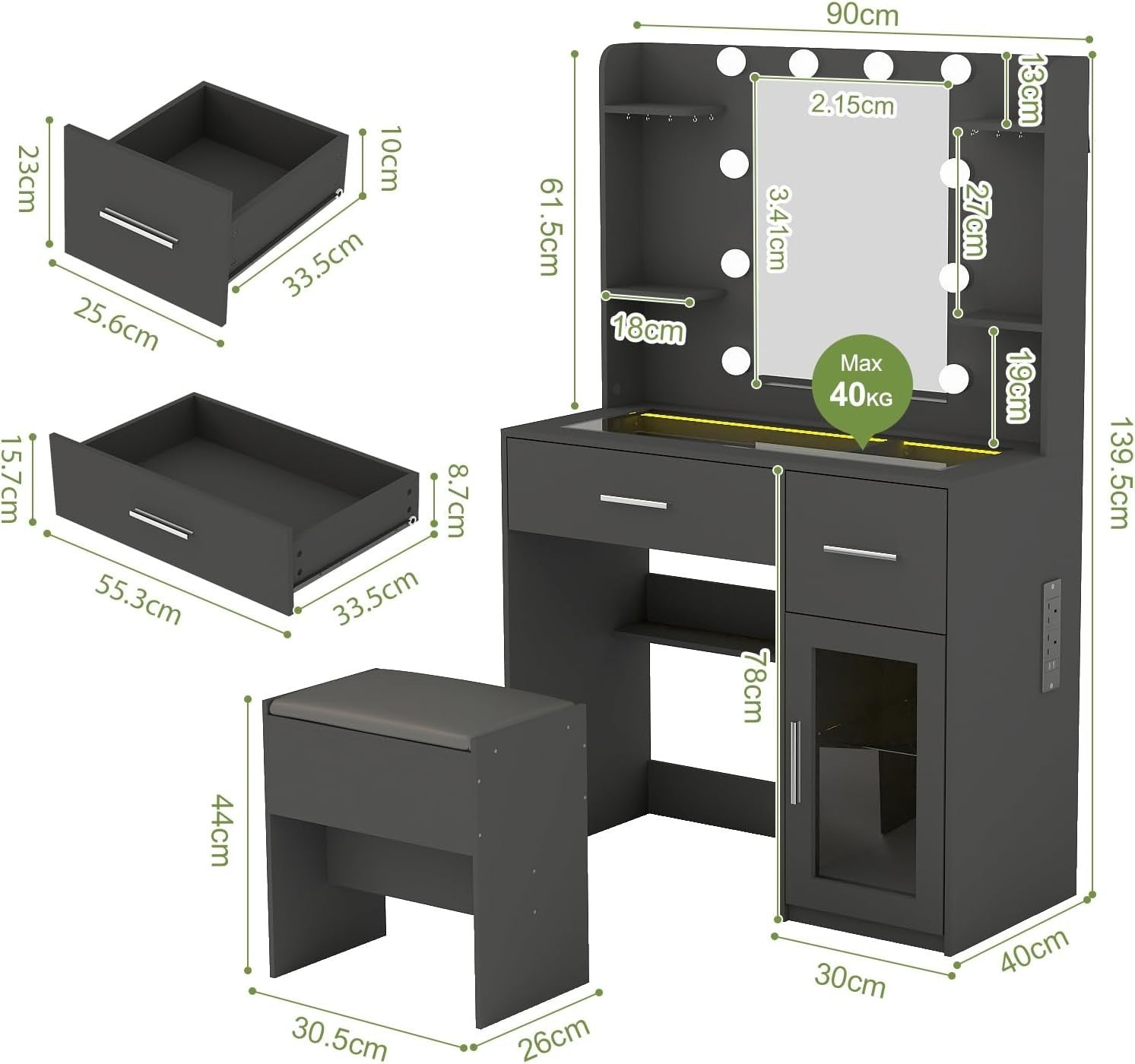 Modern Vanity Dressing Table Makeup Desk LED Light Mirror USB Charging 90x140x40