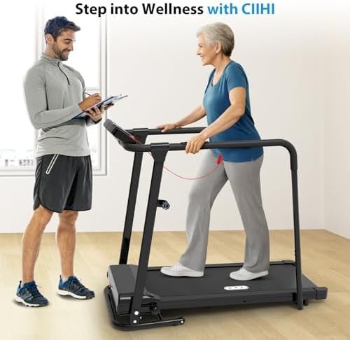 Foldable Senior Treadmill with Handrails 300lb Capacity Heart Rate Monitor