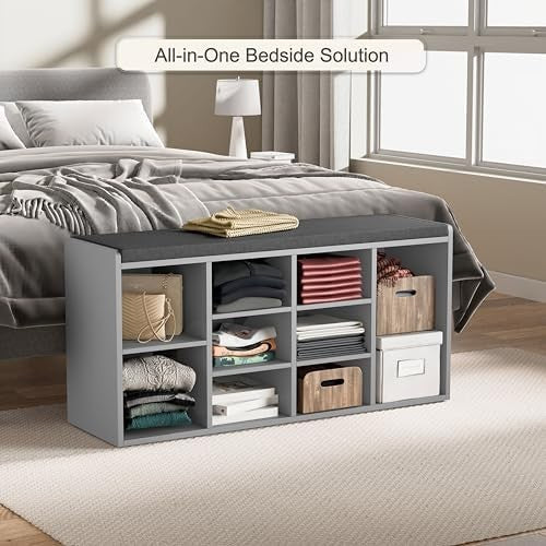 Grey Shoe Storage Bench with Cushion Seat 9 Cubes Adjustable Shelves Entryway