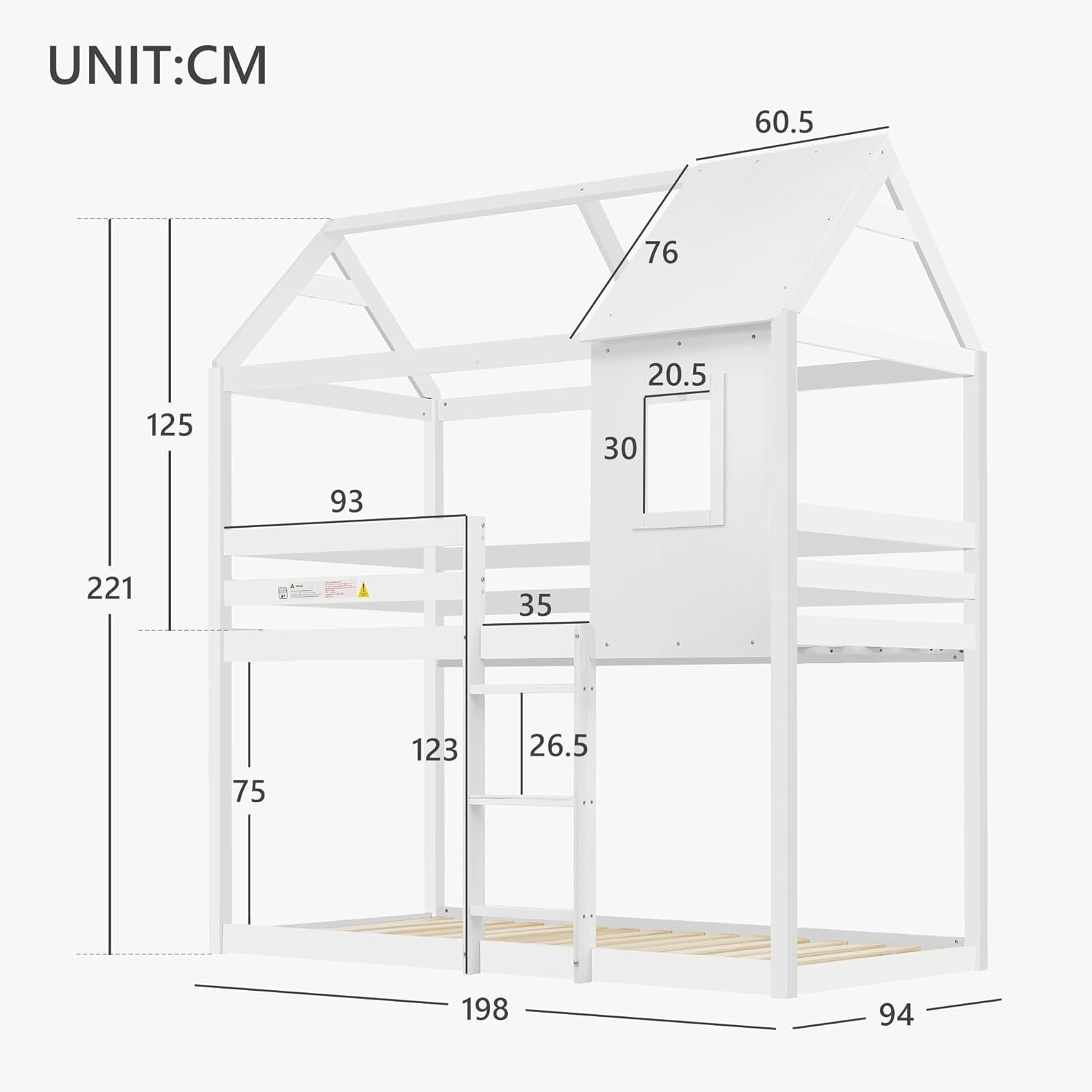 White Kids Bunk Bed w/ Ladder, Roof, Window & Guardrails 90x190cm