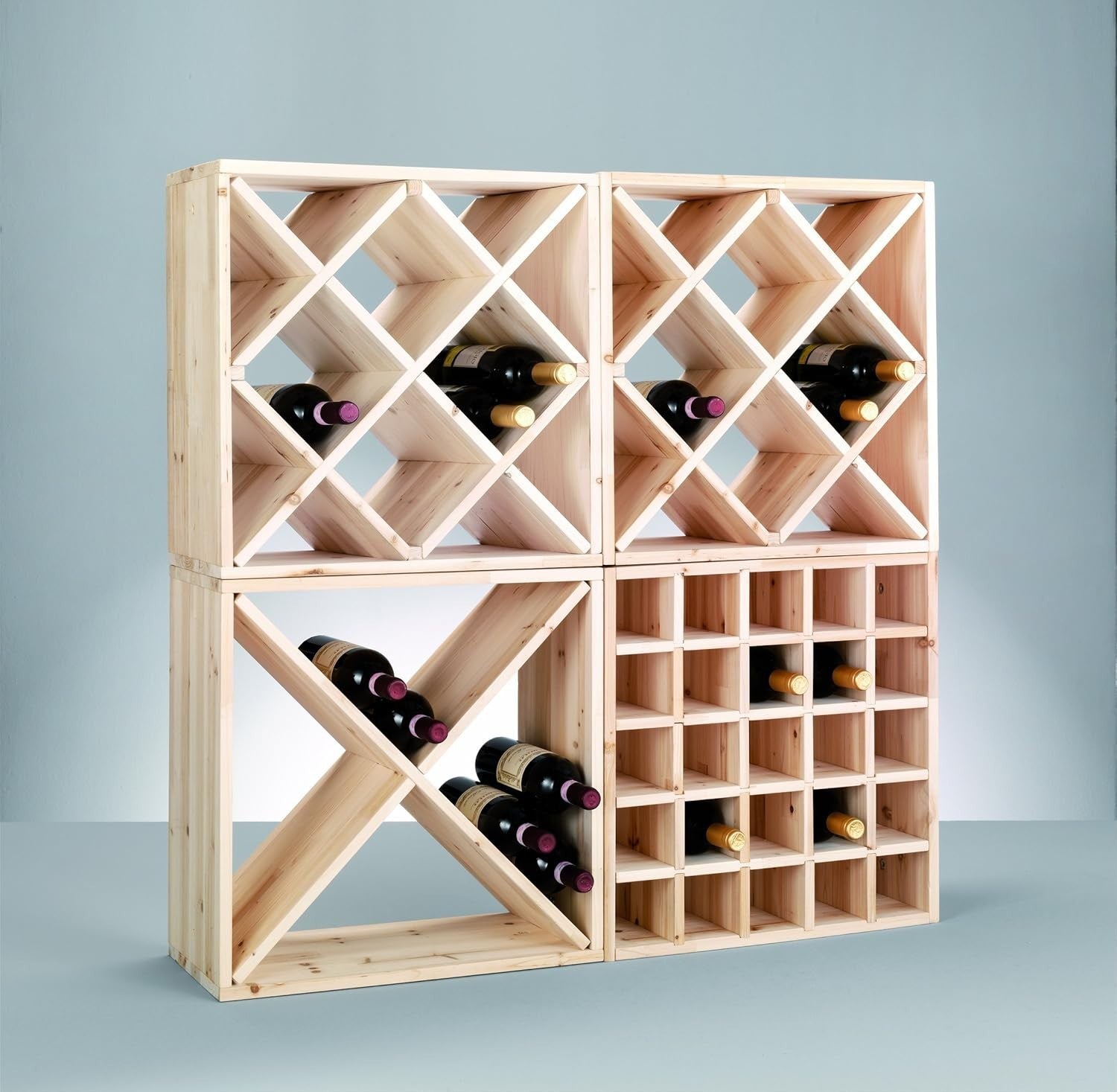 Natural Wood Wine Rack 4-Compartment Bottle Storage Shelf Modern Floor Stand