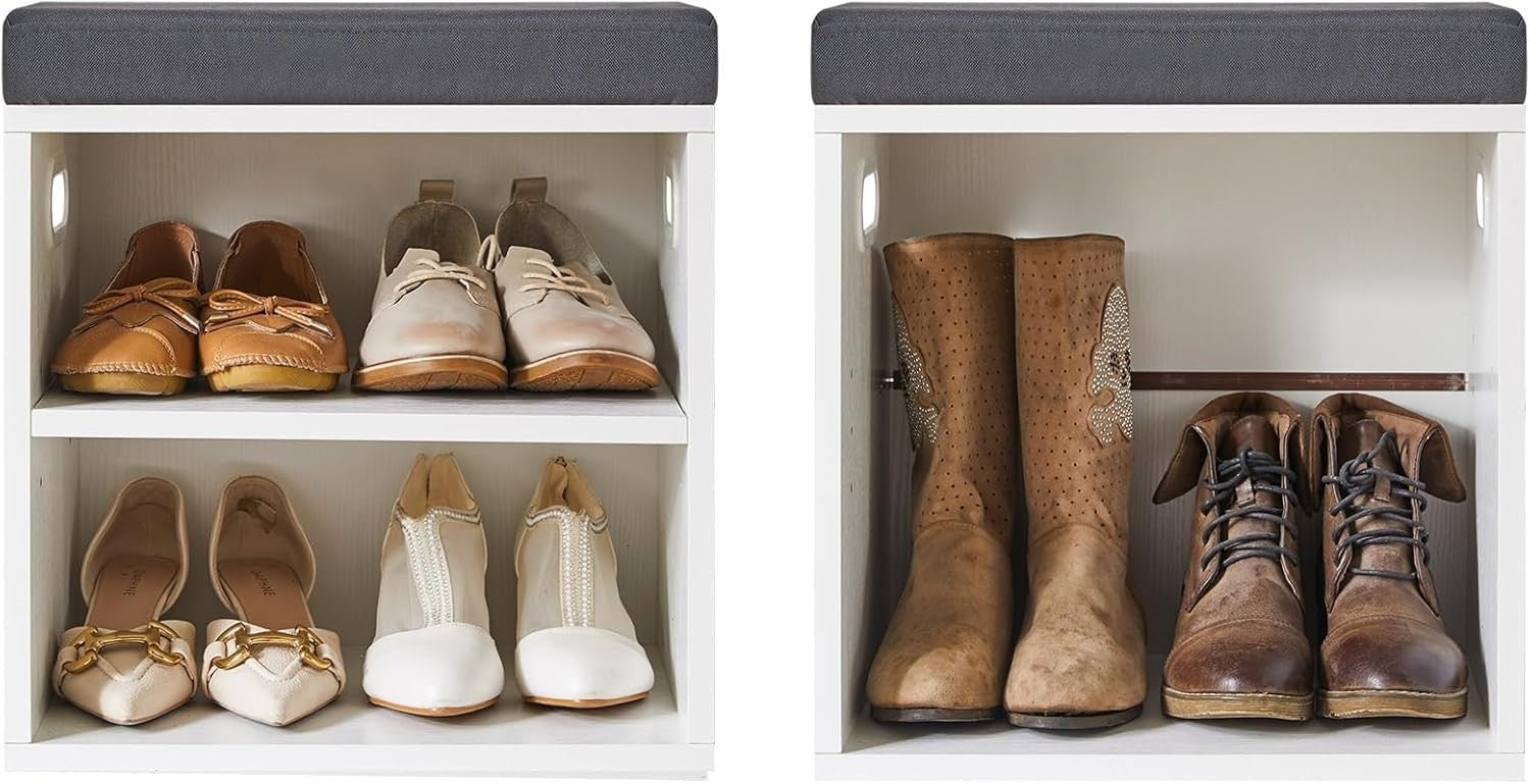2-Tier Shoe Storage Bench with Padded Seat & Adjustable Shelves, White