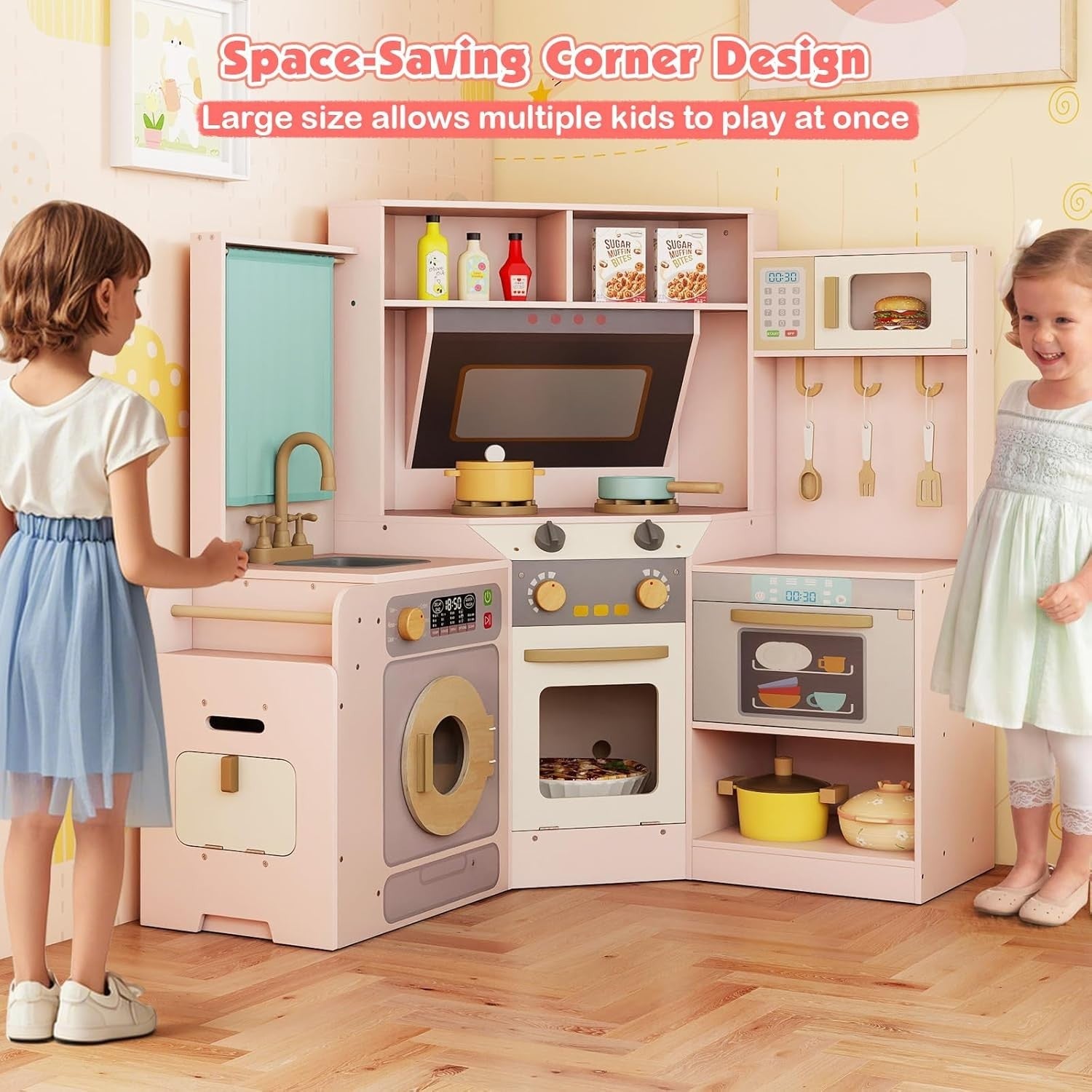 Corner Kids Play Kitchen Lights Sounds Washer Pink Chef Toy