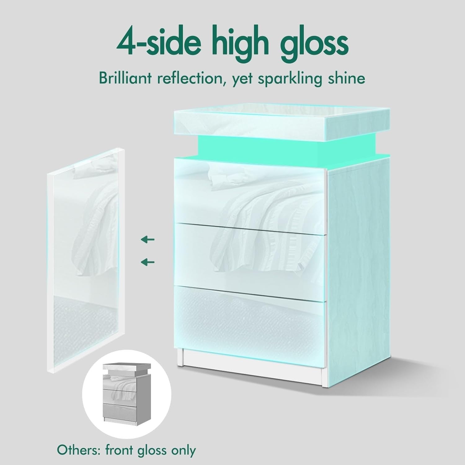LED Bedside Table with 3 Drawers & RGB Lights | Modern White High Gloss