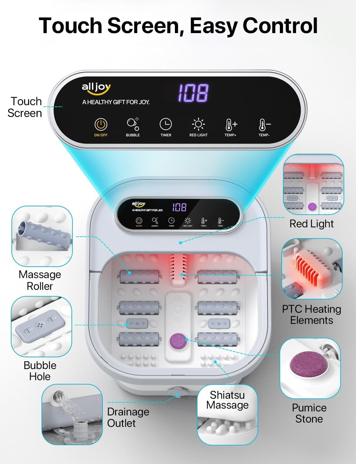 Foot Spa Massager with Heat, Bubbles & Shiatsu Rollers Pedicure Tub