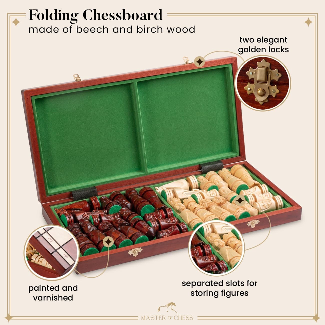 50cm Luxury Inlaid Wooden Chess Set – Handcrafted Folding Board & Tall Weighted