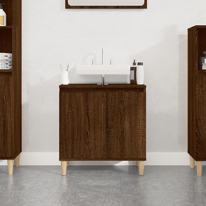 Brown Oak Under Sink Bathroom Cabinet 58cm Modern Vanity Storage Unit Cupboard