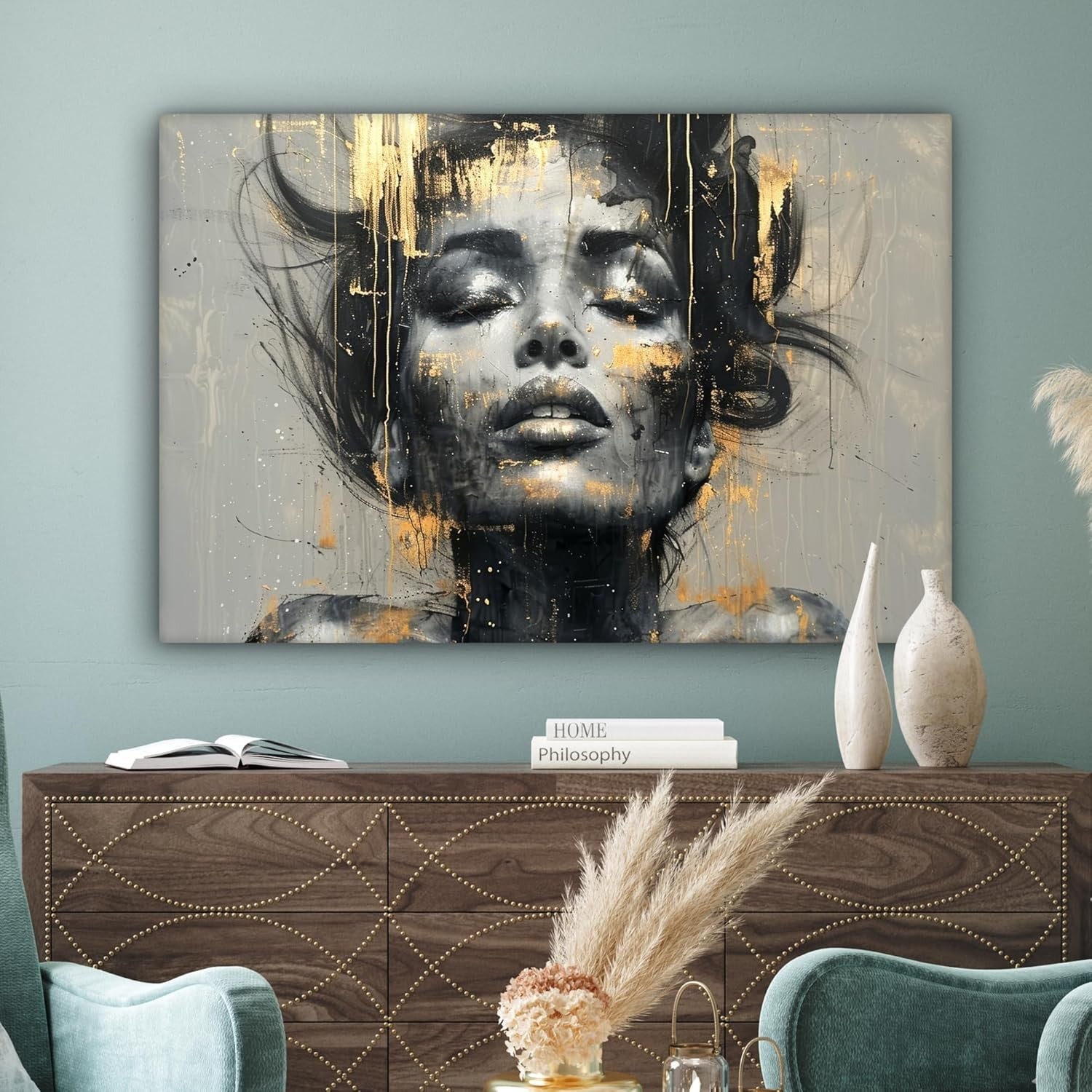 Large Abstract Woman Canvas Wall Art 120x80cm Gold Glamour Modern