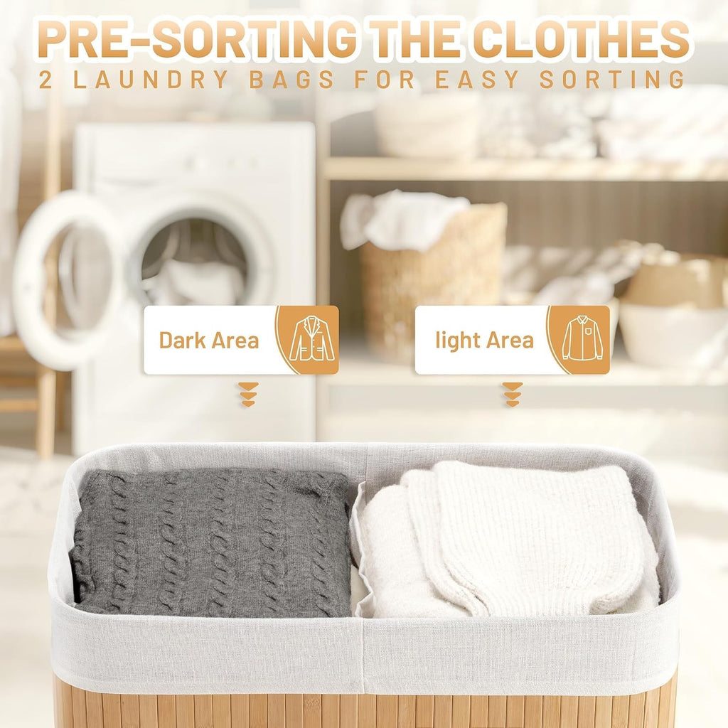 100L Bamboo Laundry Hamper with Lid 2-Section Foldable Clothes Basket Beige