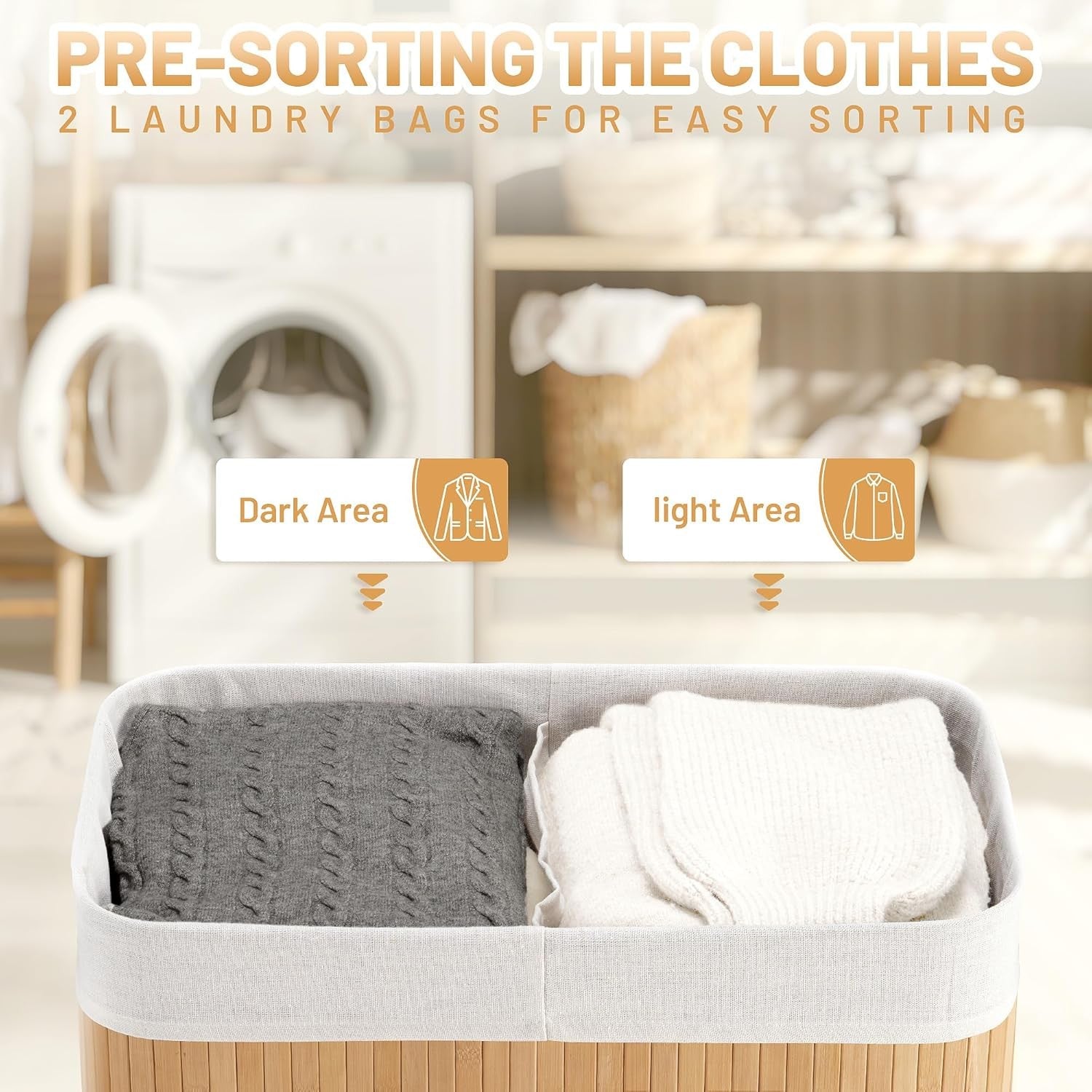 100L Bamboo Laundry Hamper with Lid 2-Section Foldable Clothes Basket Beige