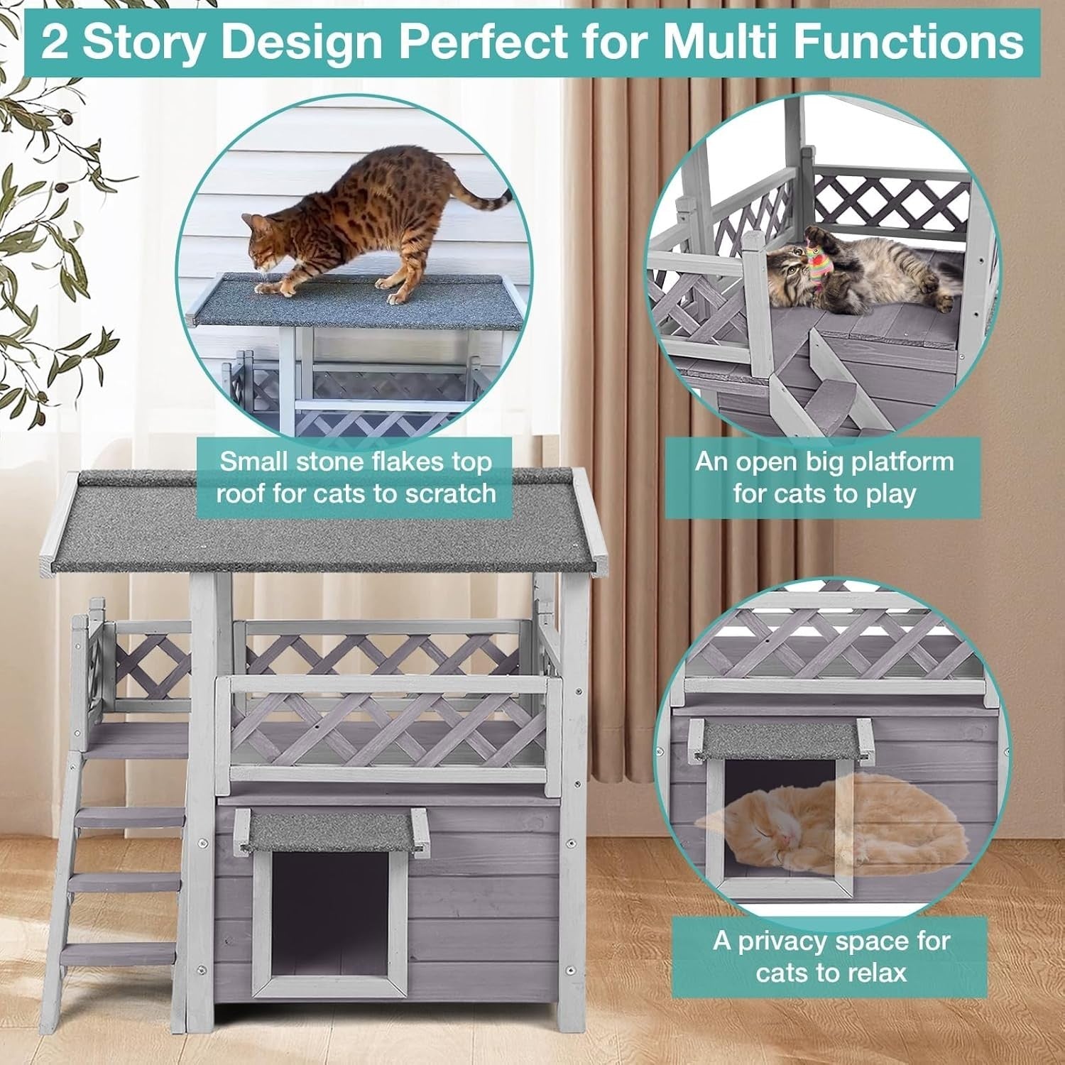 Weatherproof 2-Story Outdoor Cat House with Balcony & Side Stairs 30"L